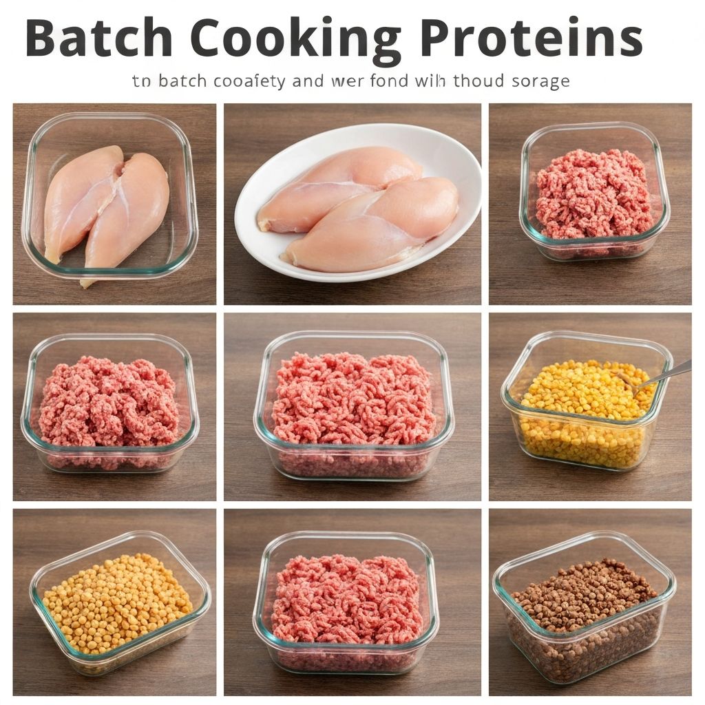 Glass containers with prepared chicken, minced meat, and cooked pulses