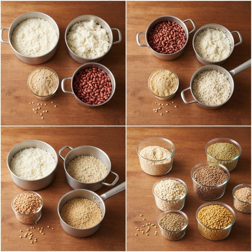 Pots with large batch cooked grains, rice, and legumes in containers