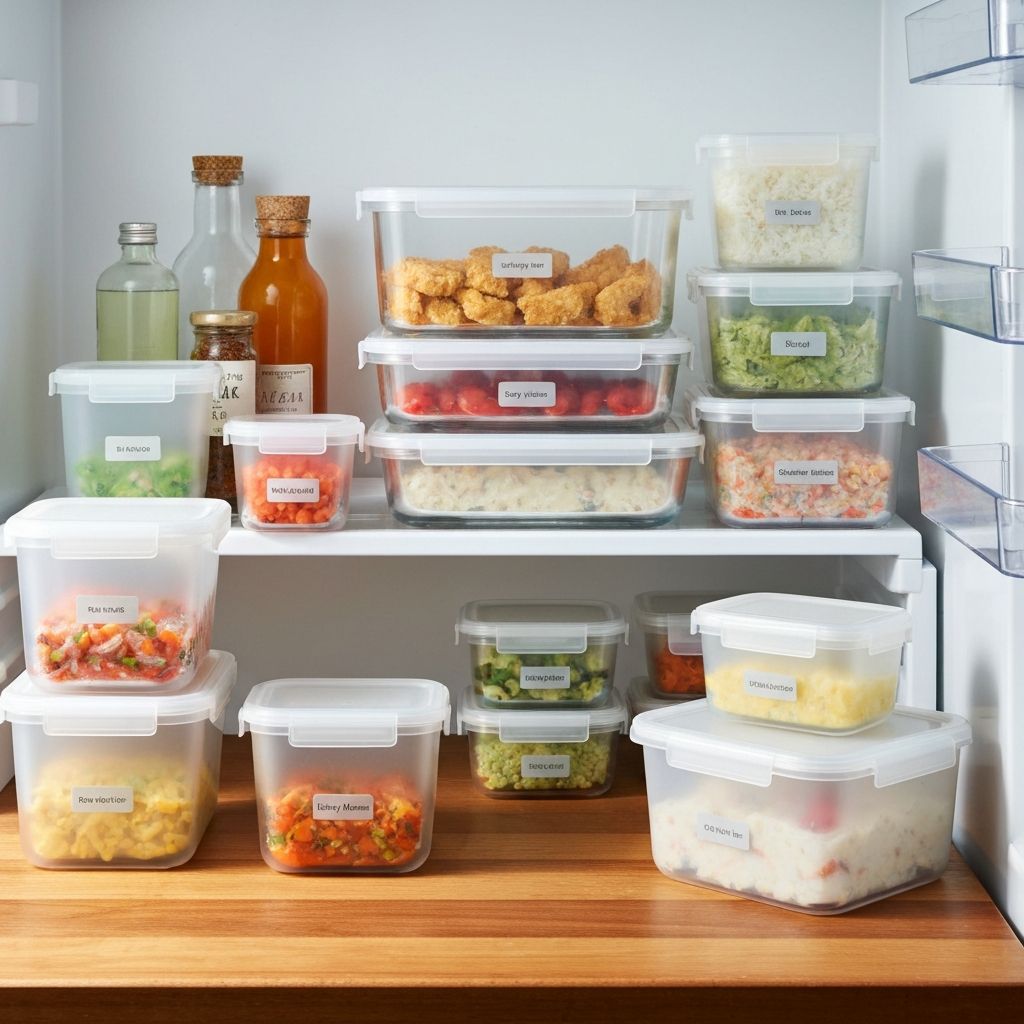 Various glass and plastic storage containers with portioned meals organized on shelves