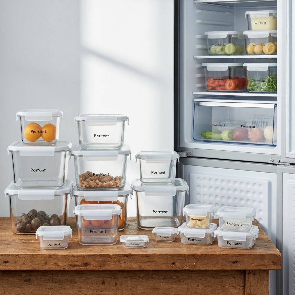 Multiple storage containers organized on shelves and in refrigerator